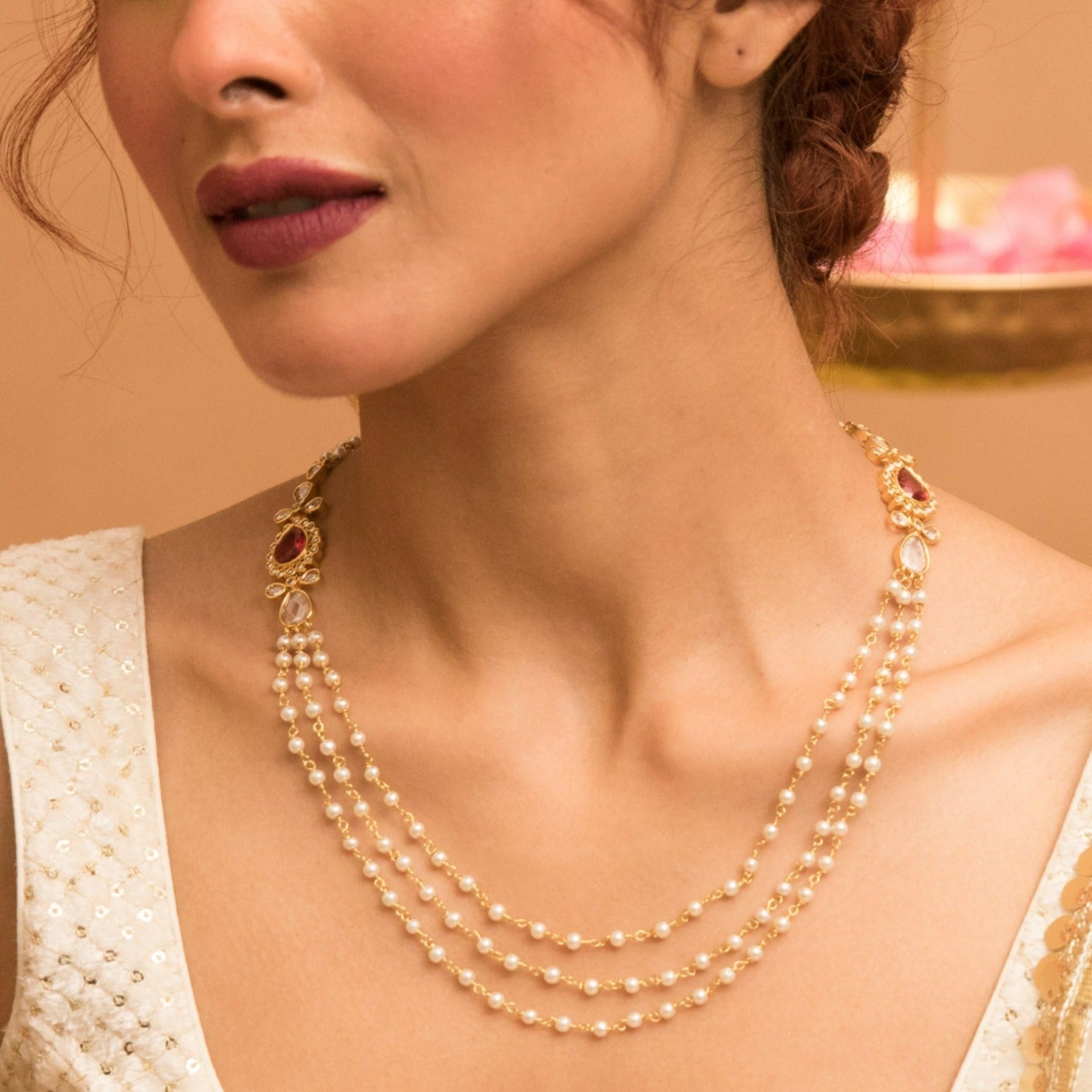 Classic Beads Layered Necklace White Red Indian Jewelry