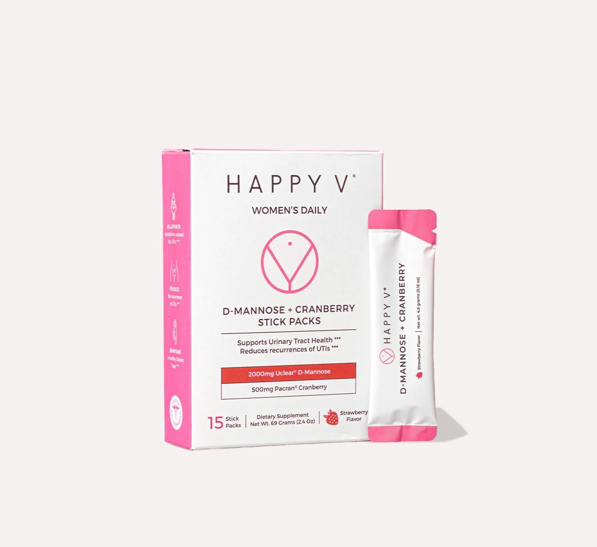 Happy V D-Mannose and Cranberry Stick Packs on a neutral background