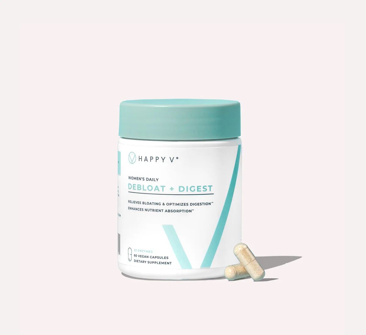 Happy V Debloat and Digest supplement product on a neutral background