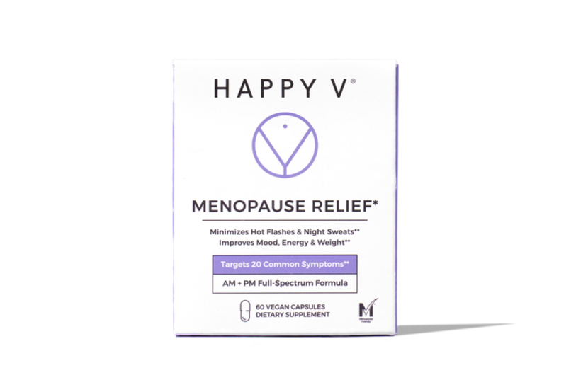 Happy V Menopause Relief AM and PM supplement box