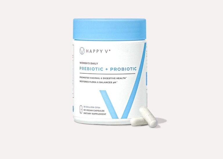 Happy V Prebiotic and Probiotic supplement bottle on a neutral background