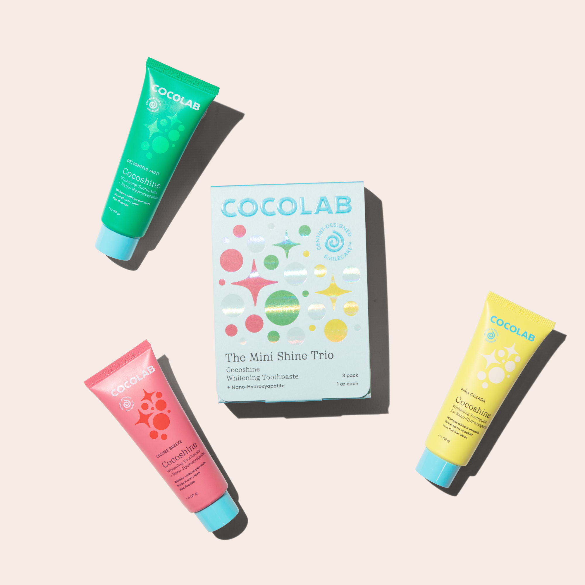 Mini Shine Trio of travel-size Cocoshine toothpaste