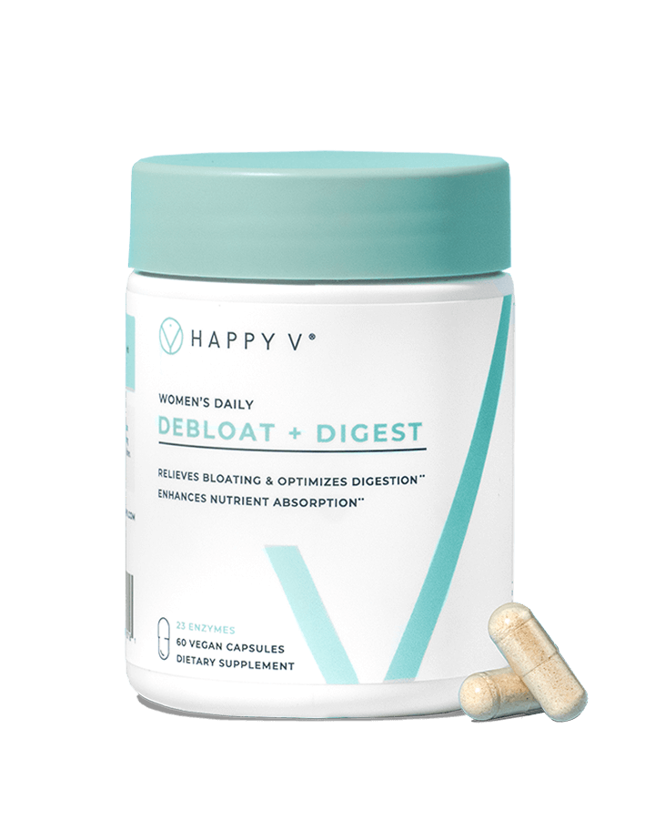 Happy V Debloat + Digest supplement bottle