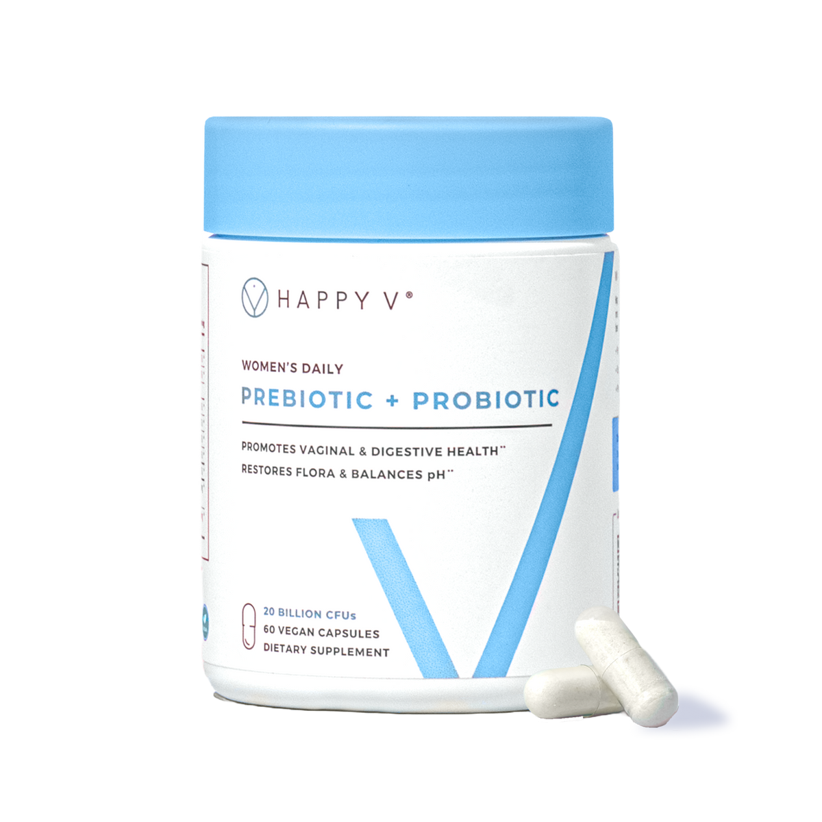 Happy V Prebiotic + Probiotic supplement bottle