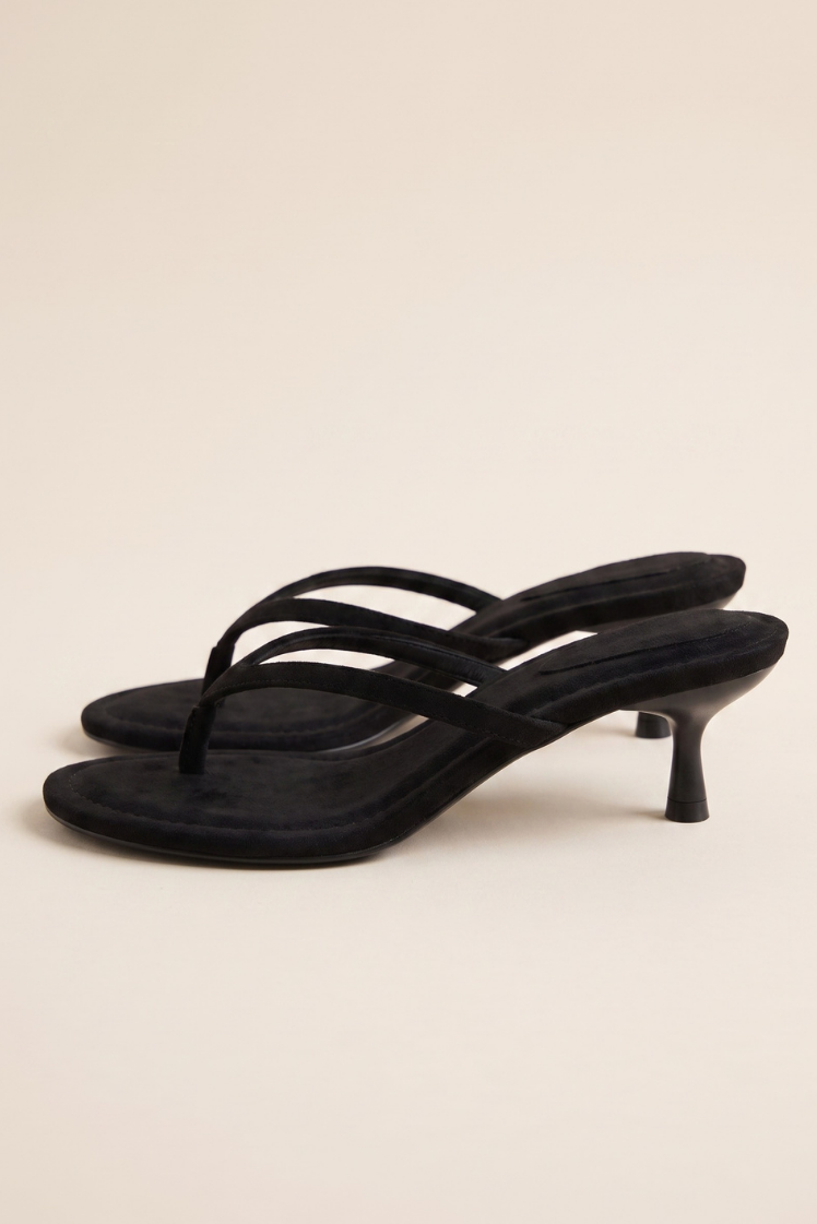 Black faux suede thong strap kitten heel mule by Rebellious Fashion
