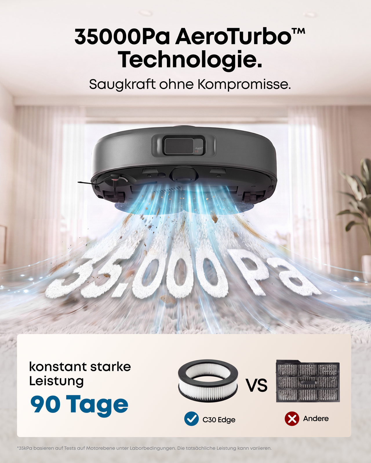 Anker eufy C30 Edge mit Darstellung der Saugkraft