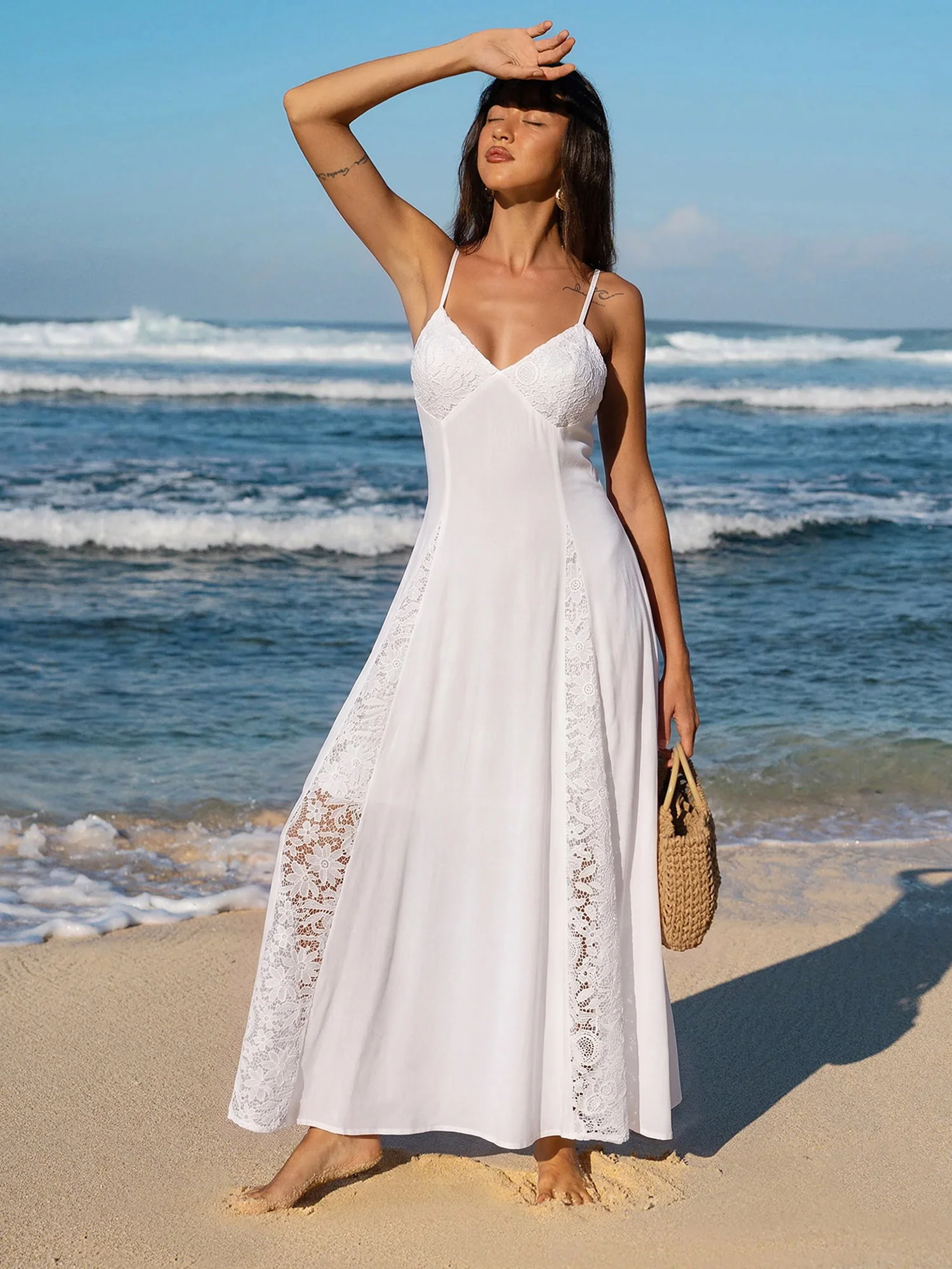 White V Neck Lace Side Beach Dress