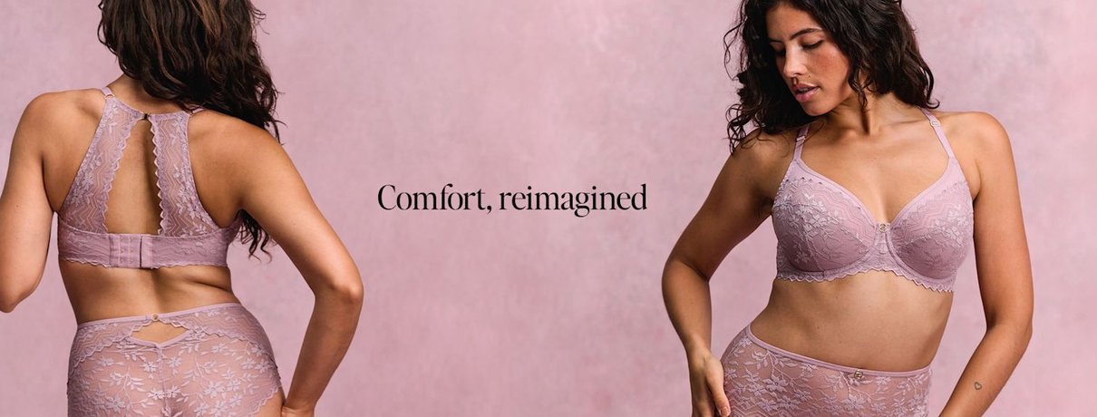 Model wearing Bravissimo lingerie in a softly lit campaign setting