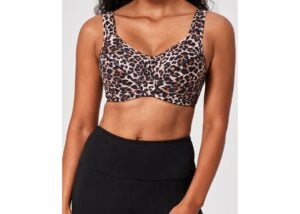 Model wearing a leopard-print Bravissimo bra