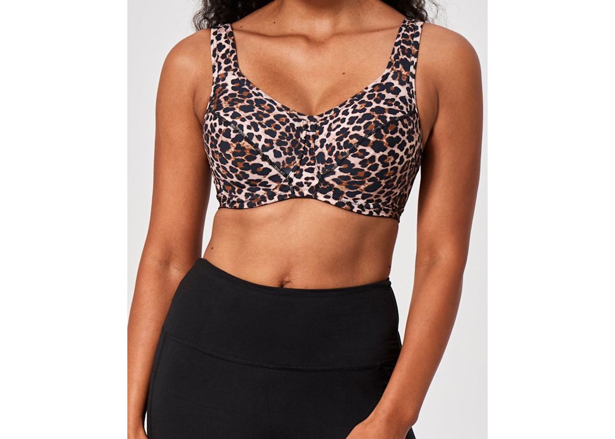 Model wearing a leopard-print Bravissimo bra