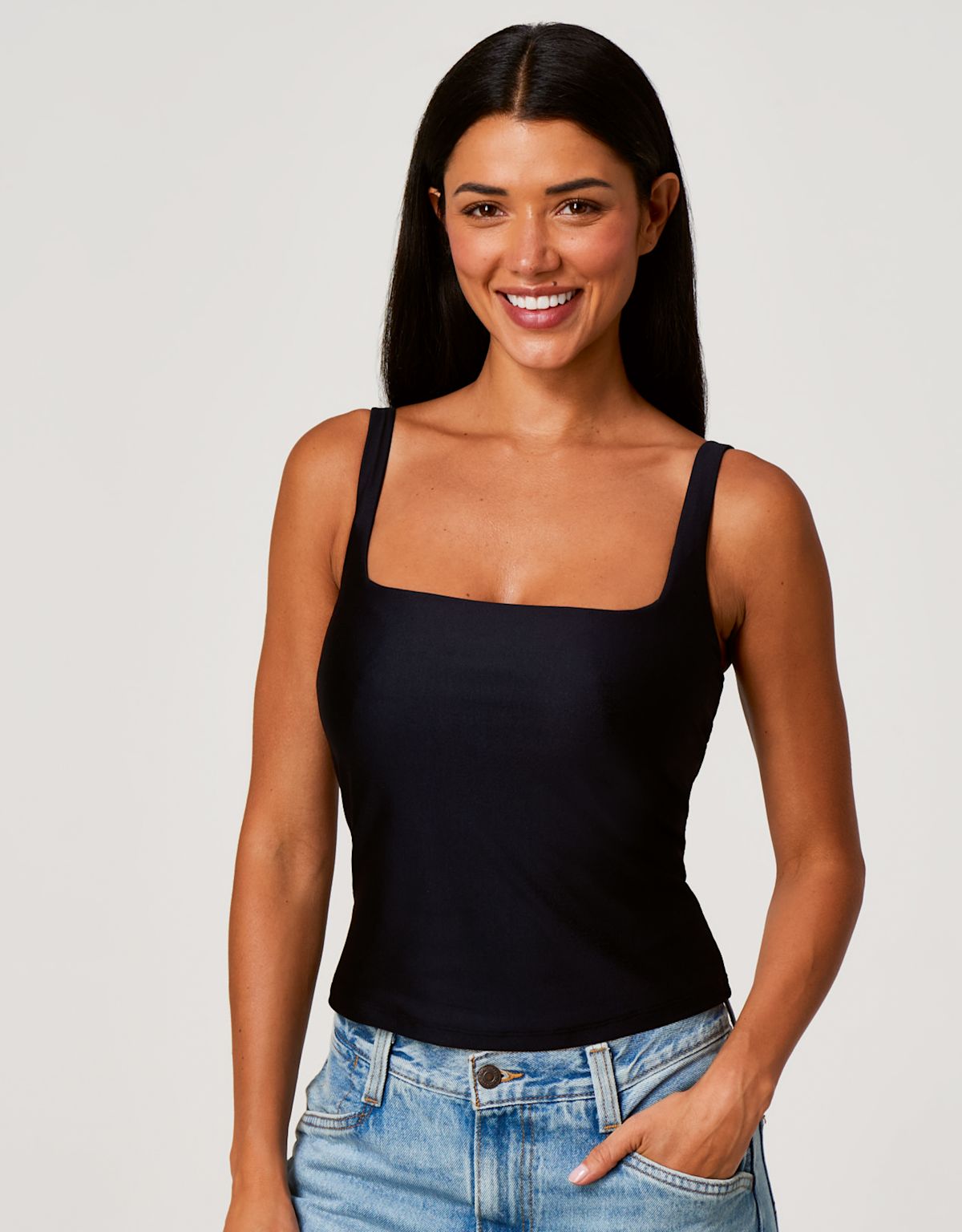 Square neck tank top with built-in bra support