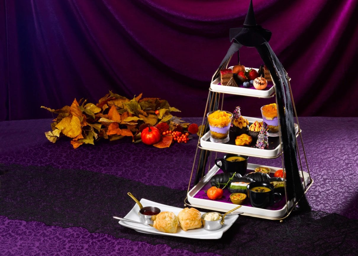 Halloween-themed afternoon tea spread at the Backlot Cafe