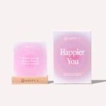 Happy V affirmation card set with its pink box and wooden holder