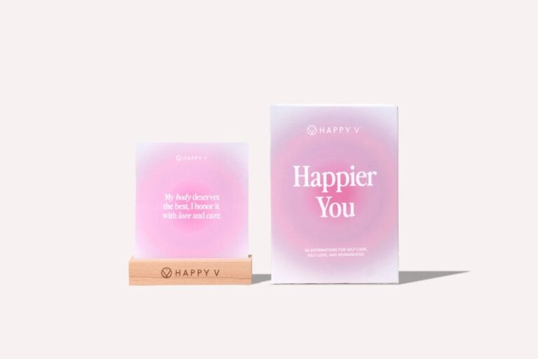 Happy V affirmation card set with its pink box and wooden holder
