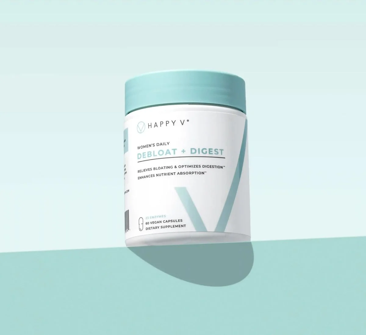 Happy V Debloat + Digest bottle on a colored background