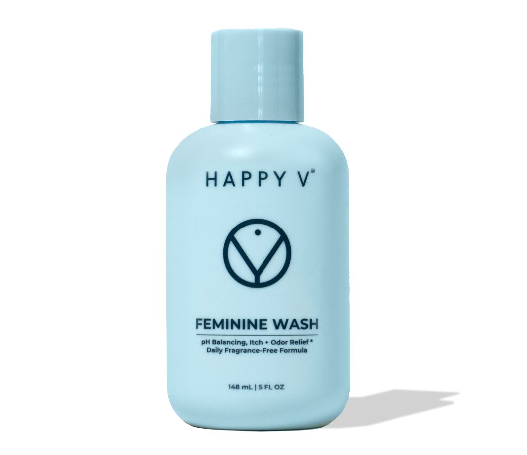 Happy V Feminine Wash bottle on a clean background