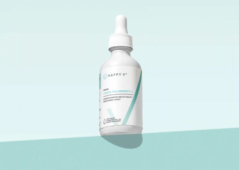 Happy V Liquid Chlorophyll bottle on a colored background