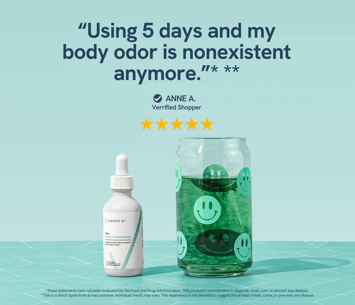 Happy V Liquid Chlorophyll shown in a product comparison scene