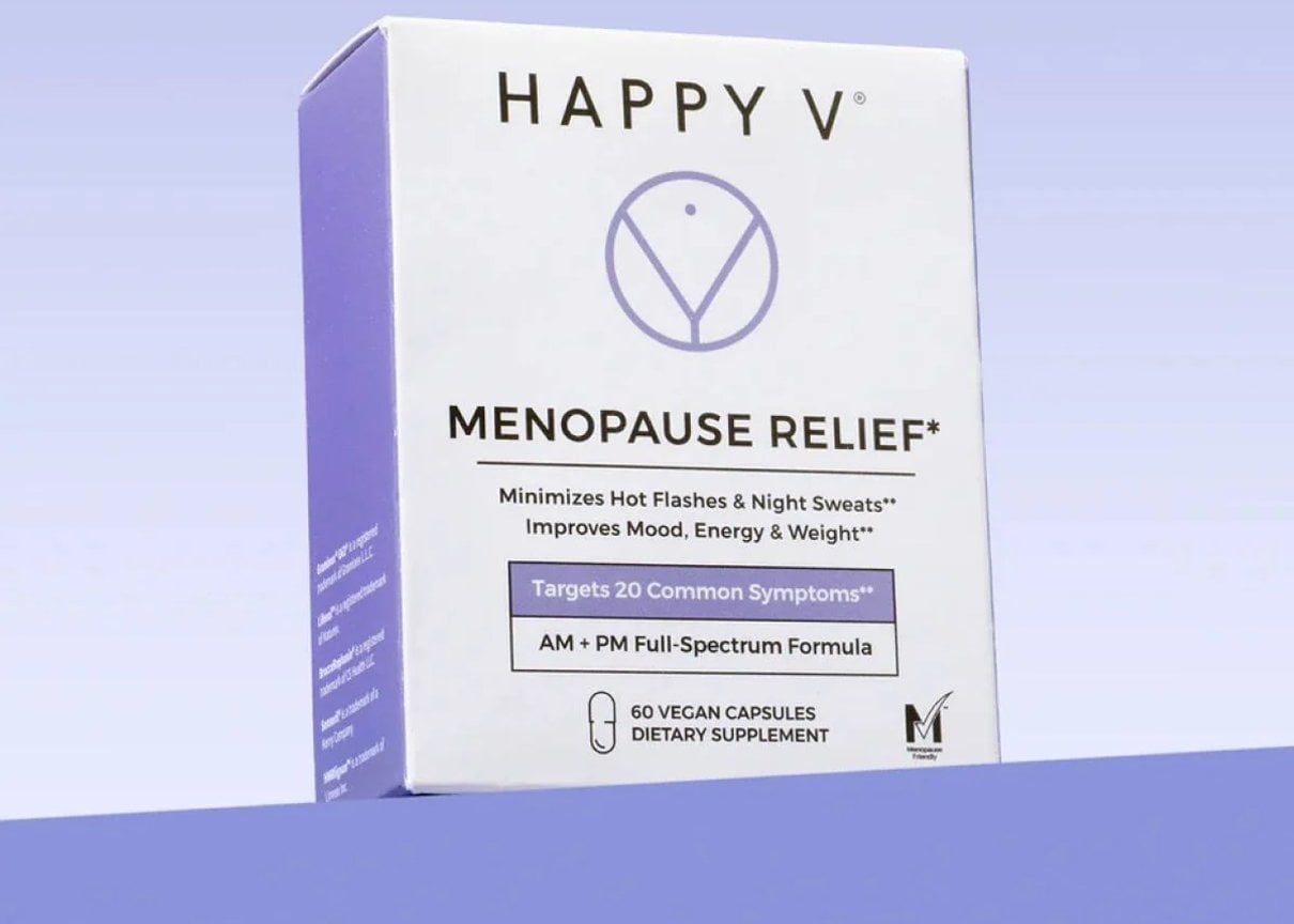 Menopause Relief AM + PM product box on a colored background