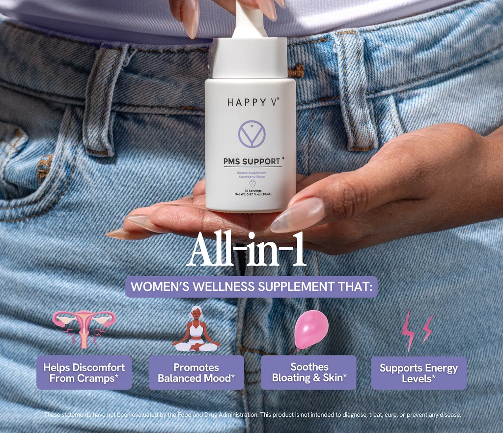 Person holding a bottle of Happy V PMS Support