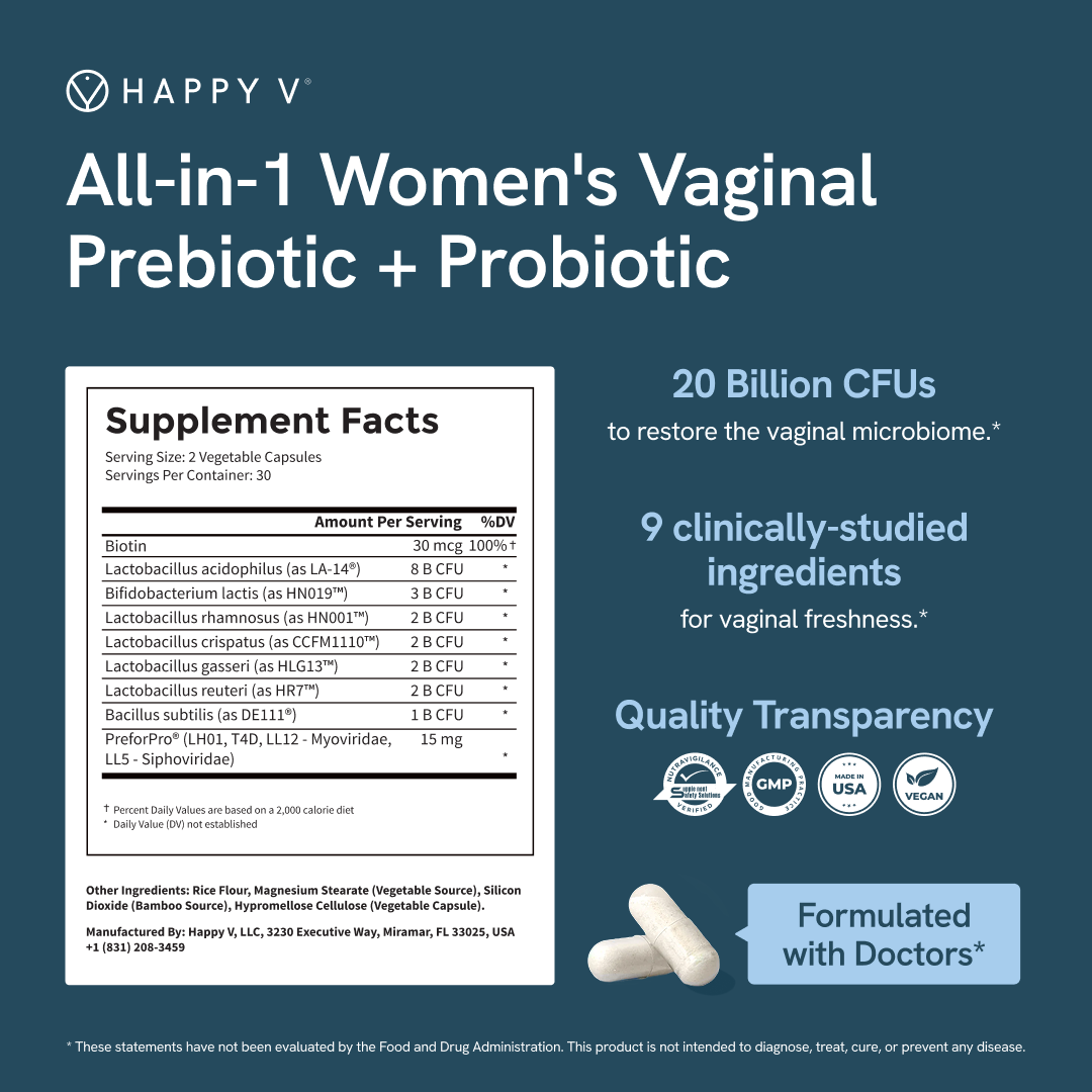 Happy V Prebiotic + Probiotic capsules and supplement information