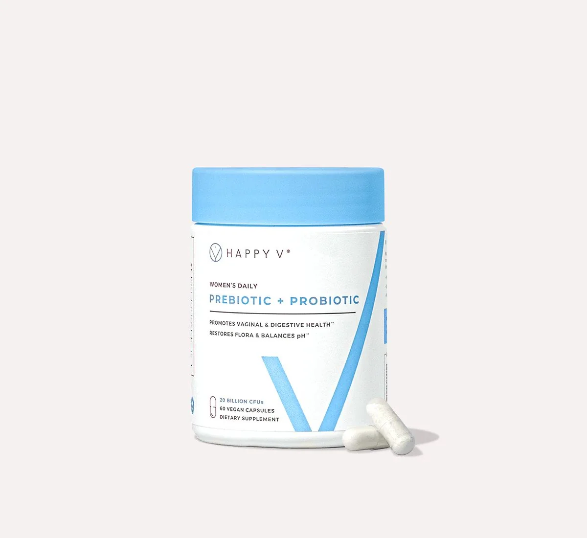 Happy V Prebiotic + Probiotic supplement bottle