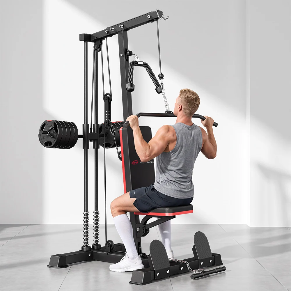 Lat pulldown and row cable machine for home strength training