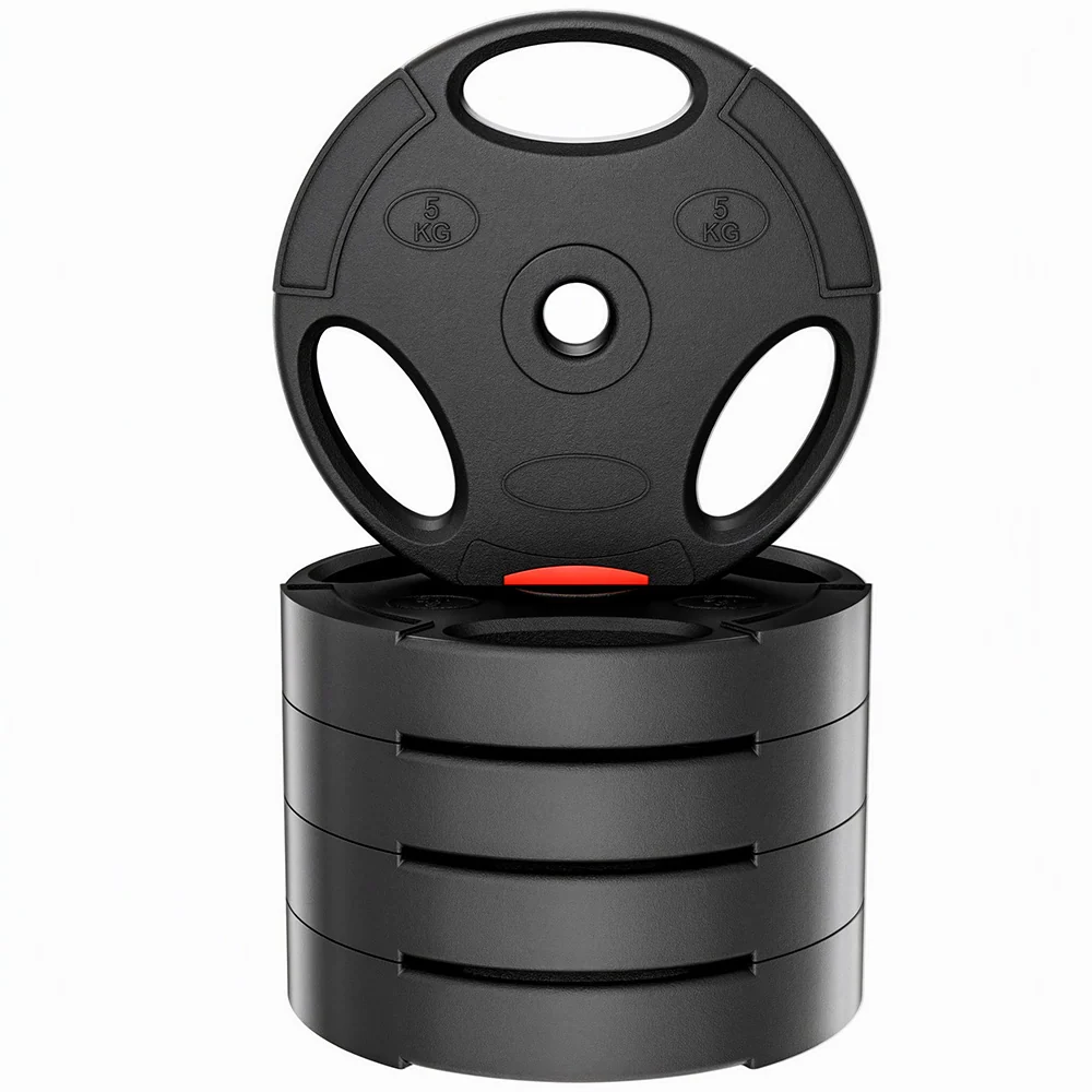Home Fitness Code standard weight plates arranged as home gym equipment