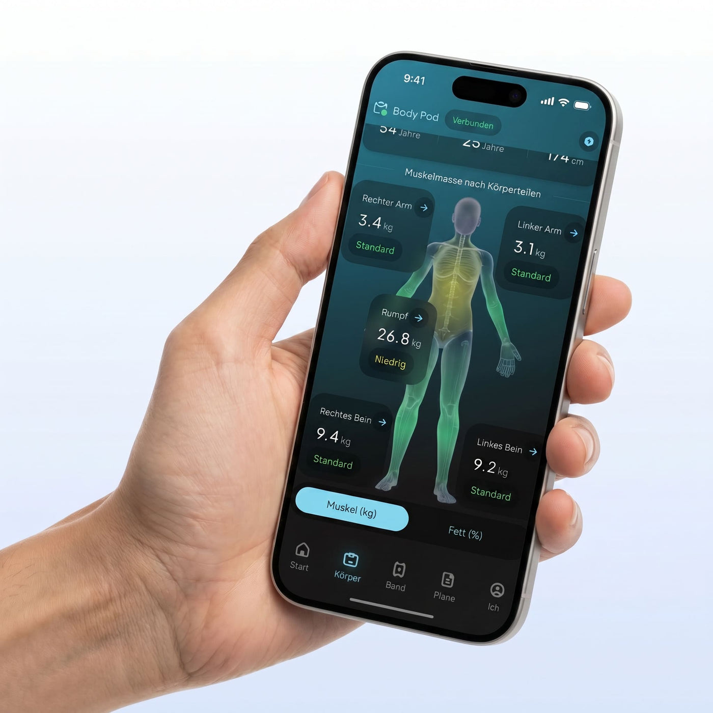 Hume-App mit Körperanalyse auf einem Smartphone