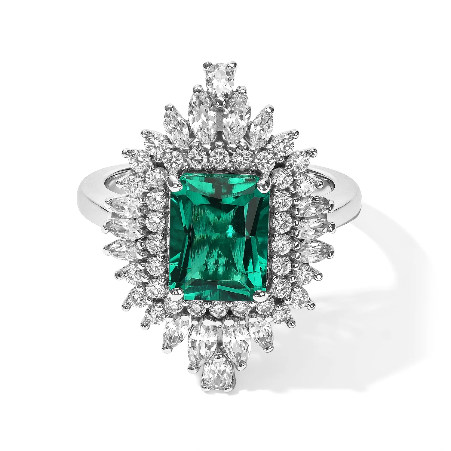 Lab-grown emerald and white zircon halo ring