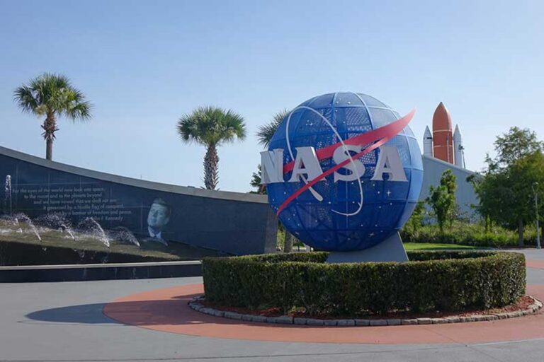 Visitors approach the Kennedy Space Center entrance