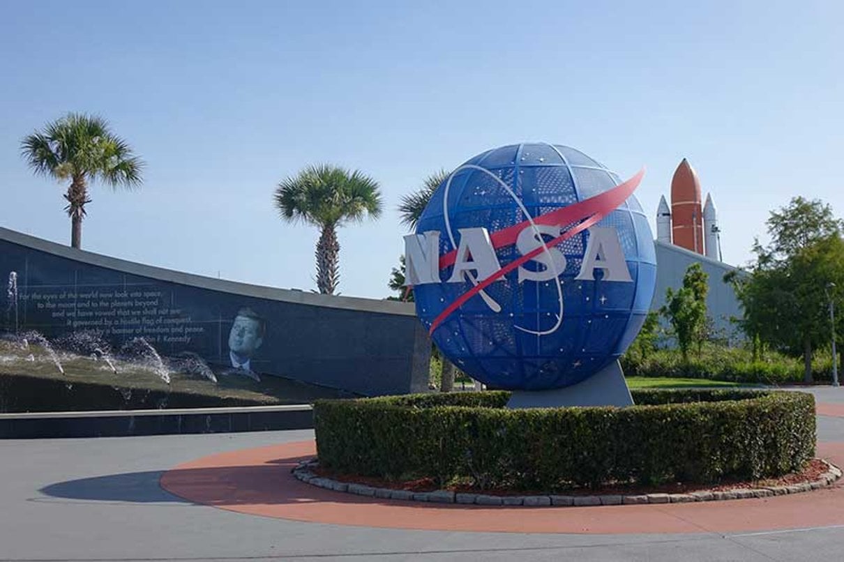 Visitors approach the Kennedy Space Center entrance