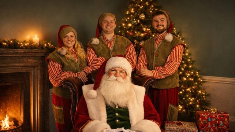Father Christmas greeting a family inside a festive grotto