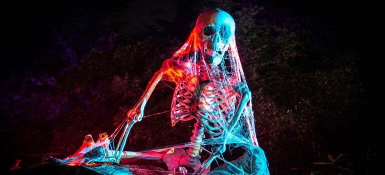 Illuminated skeleton decoration at a Halloween attraction