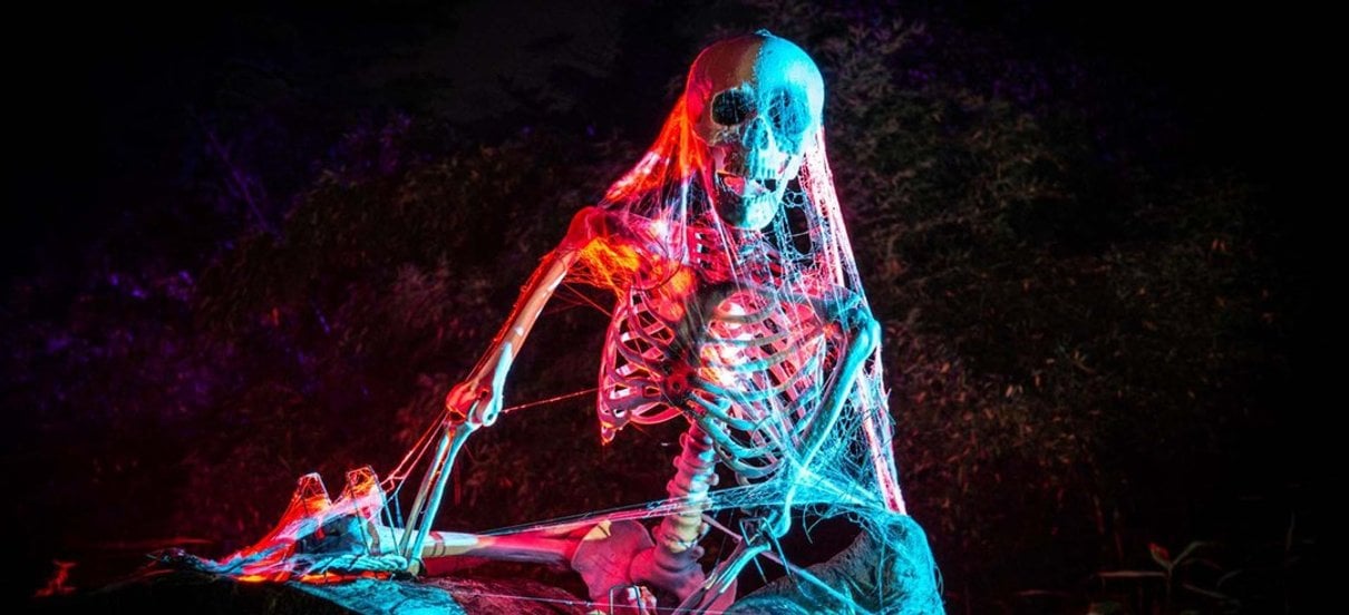 Illuminated skeleton decoration at a Halloween attraction
