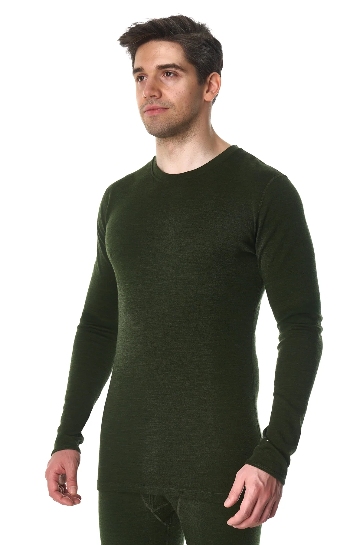 Army green men’s merino long sleeve shown on a model