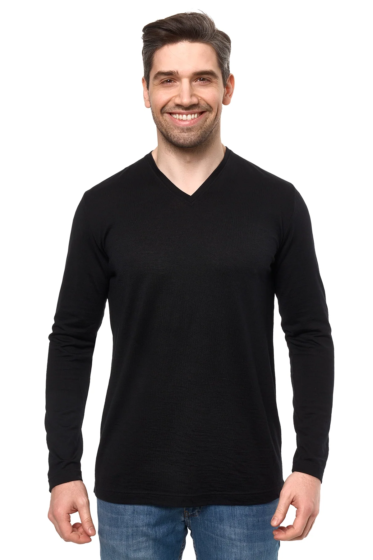 Black men's Merino Tech 190 V-neck long sleeve
