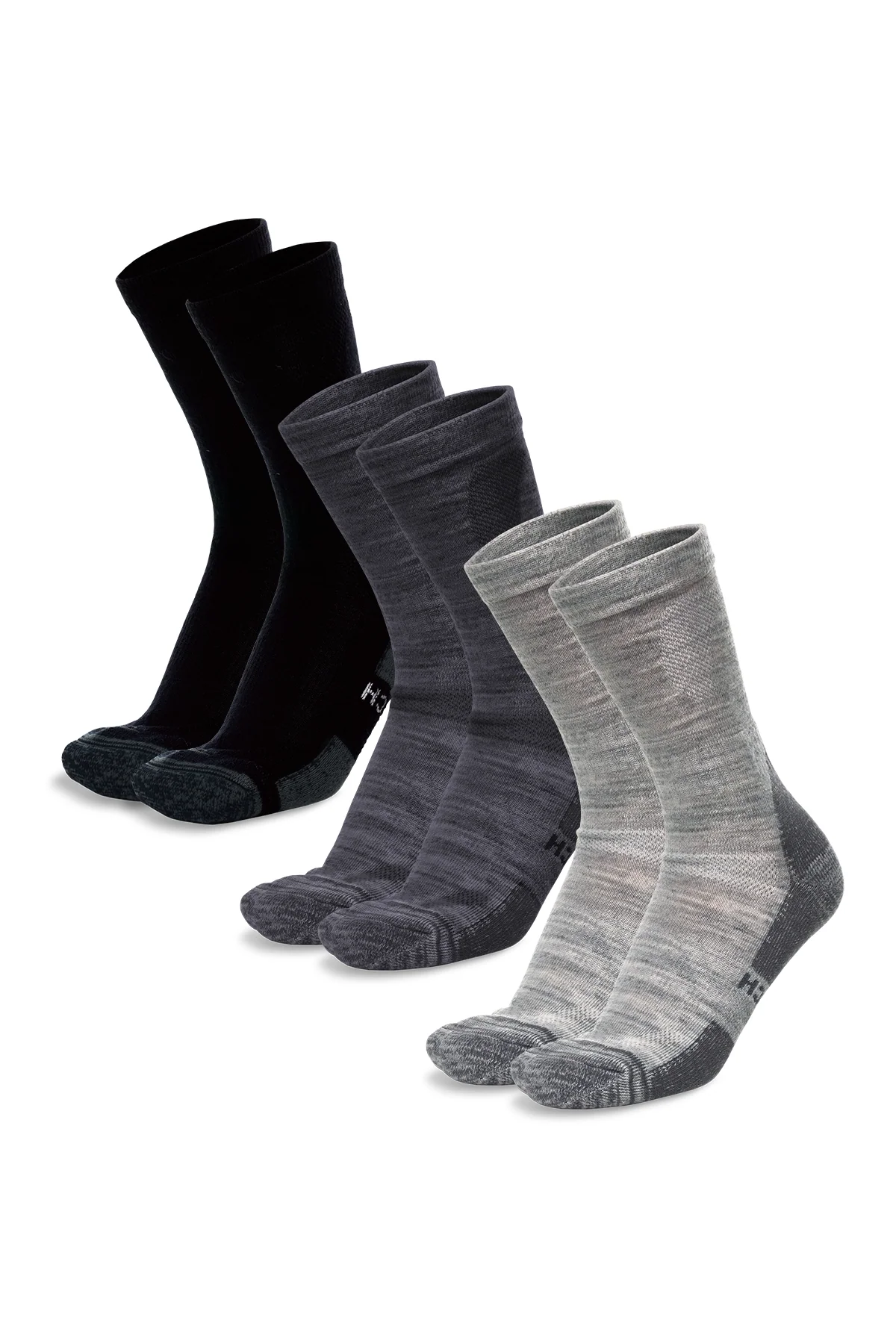 Three pairs of merino crew socks in black, charcoal, and light gray