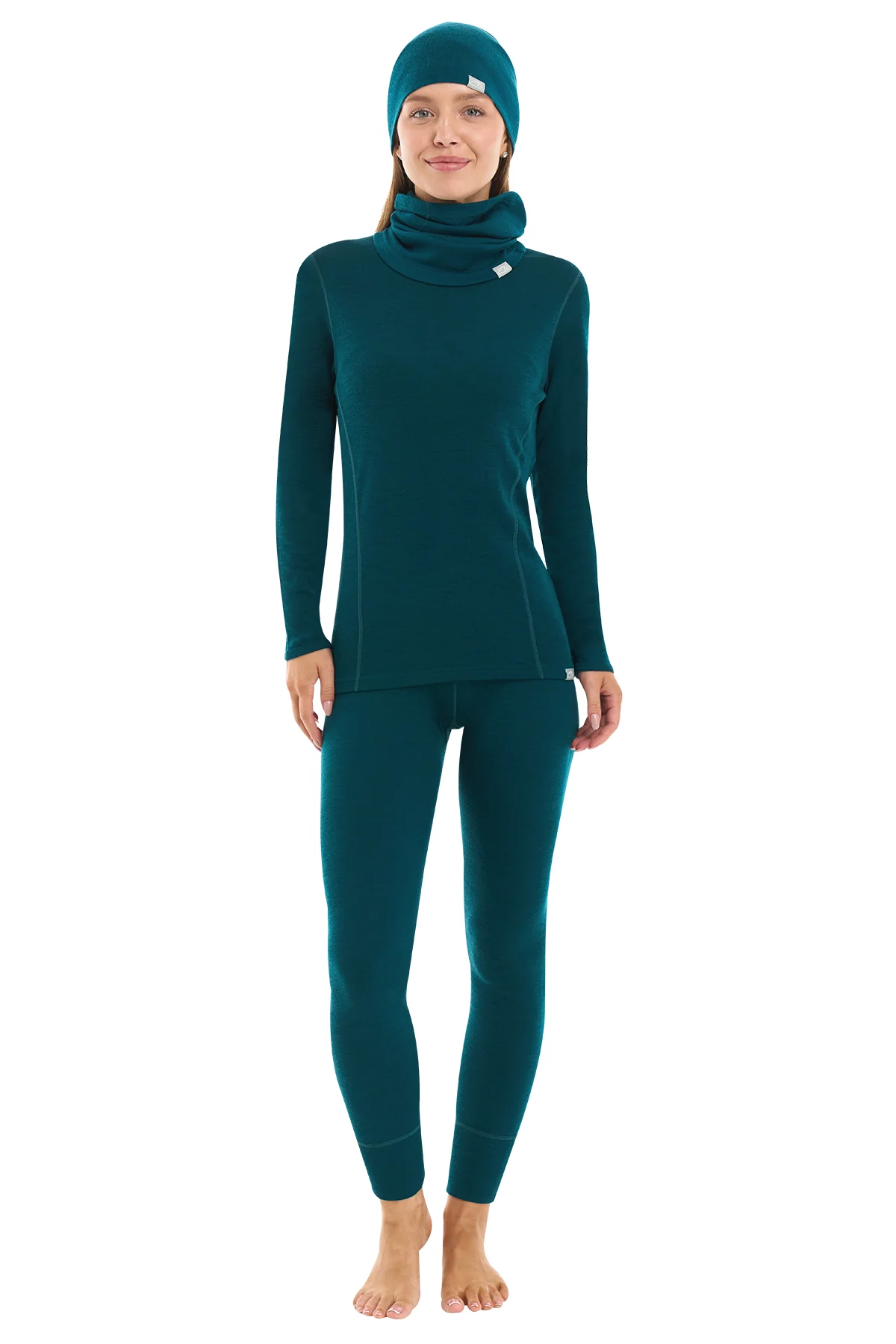 Deep teal women’s merino thermal set with beanie and gaiter