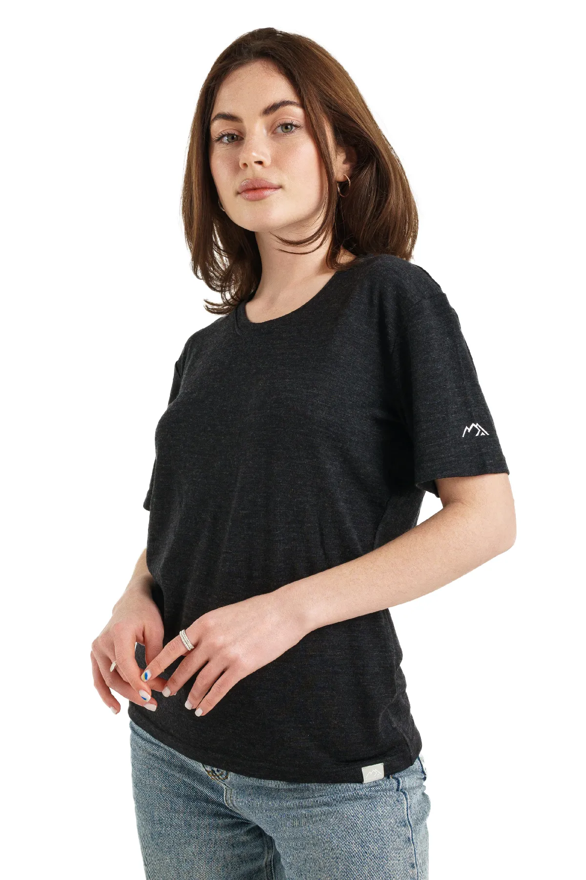 Woman modeling a charcoal short-sleeve merino crewneck