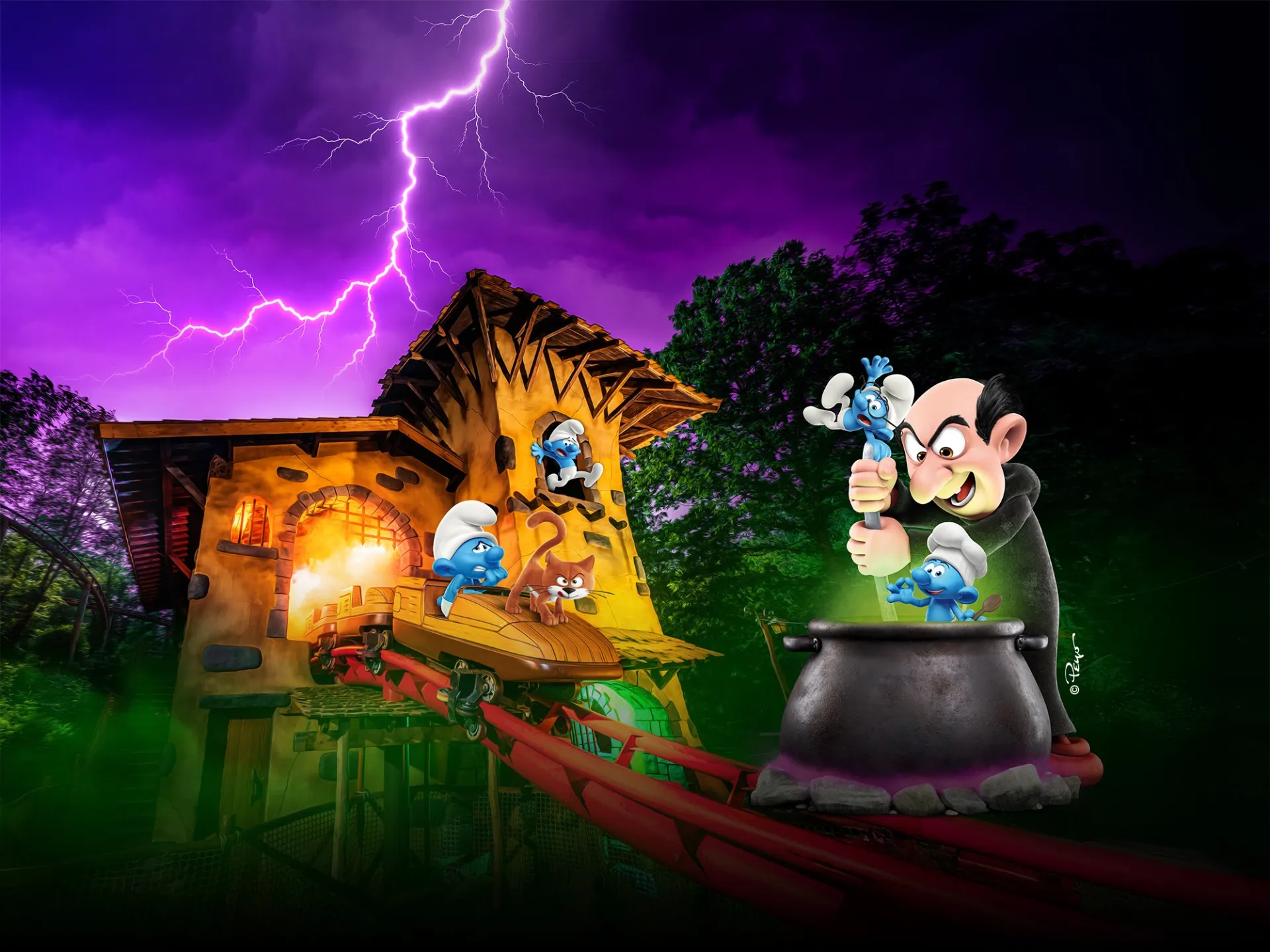 Personnages et décor de Halloween avec les Schtroumpfs à Plopsaland Ardennes
