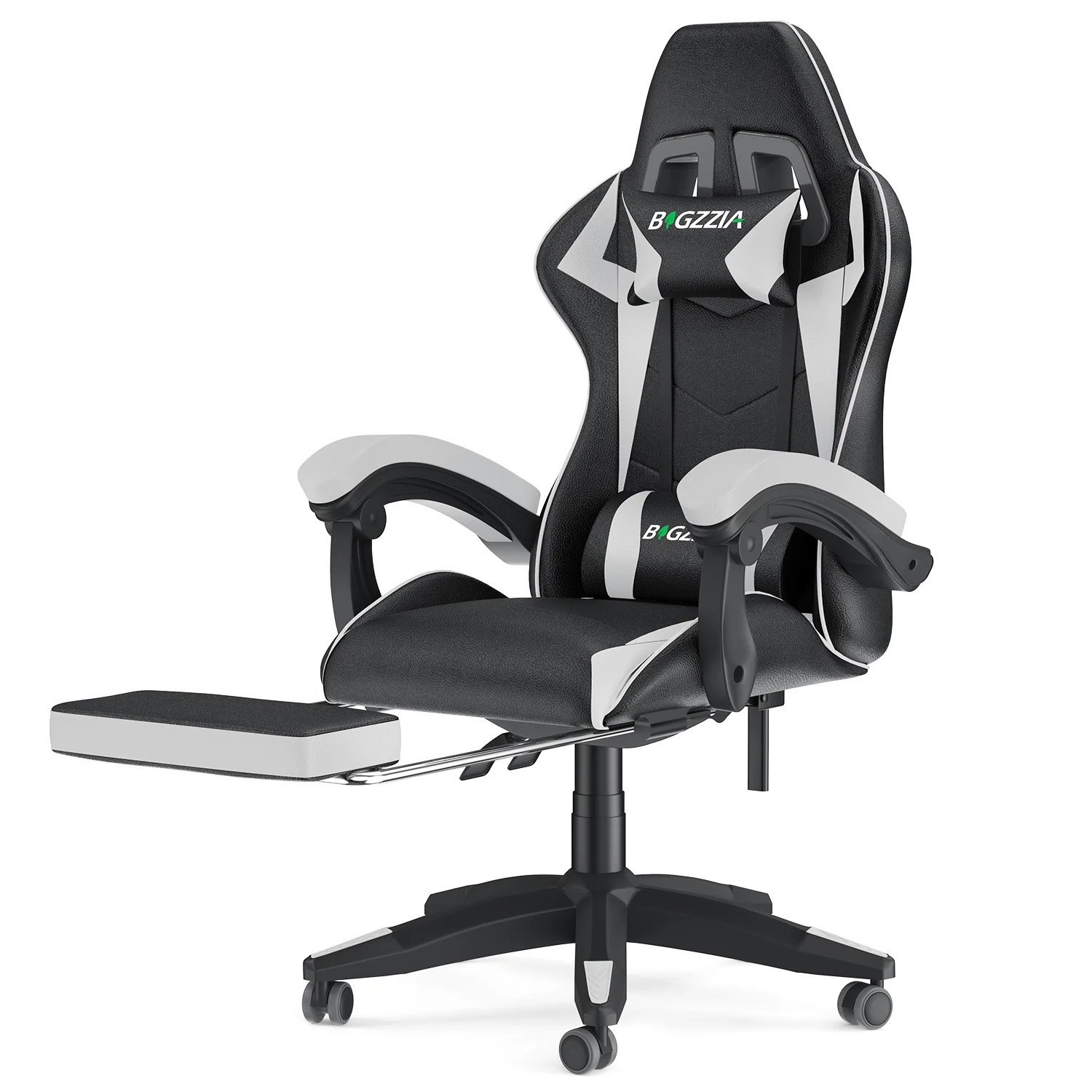 White gaming chair with headrest, lumbar support and footrest