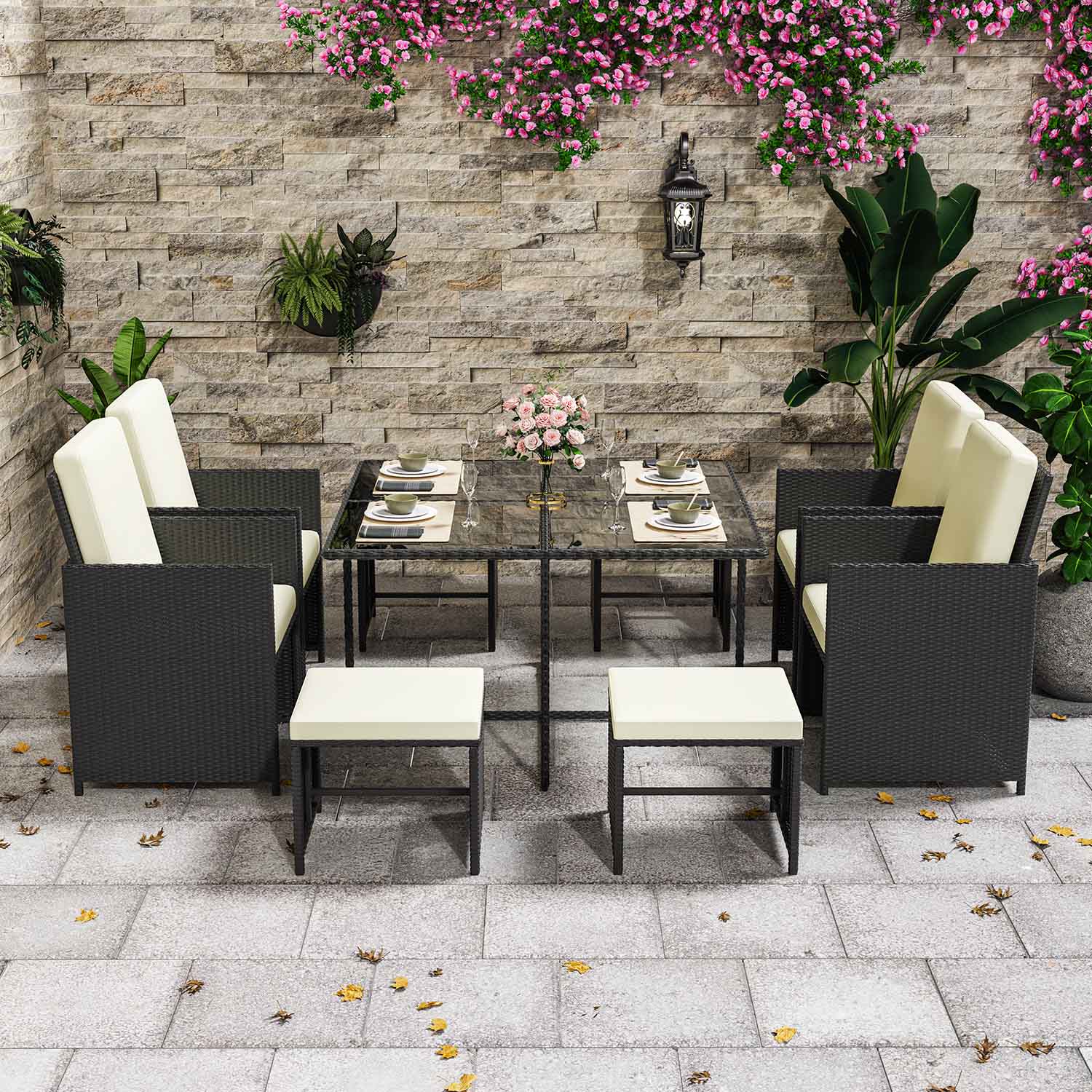 Rattan garden dining set with table and chairs