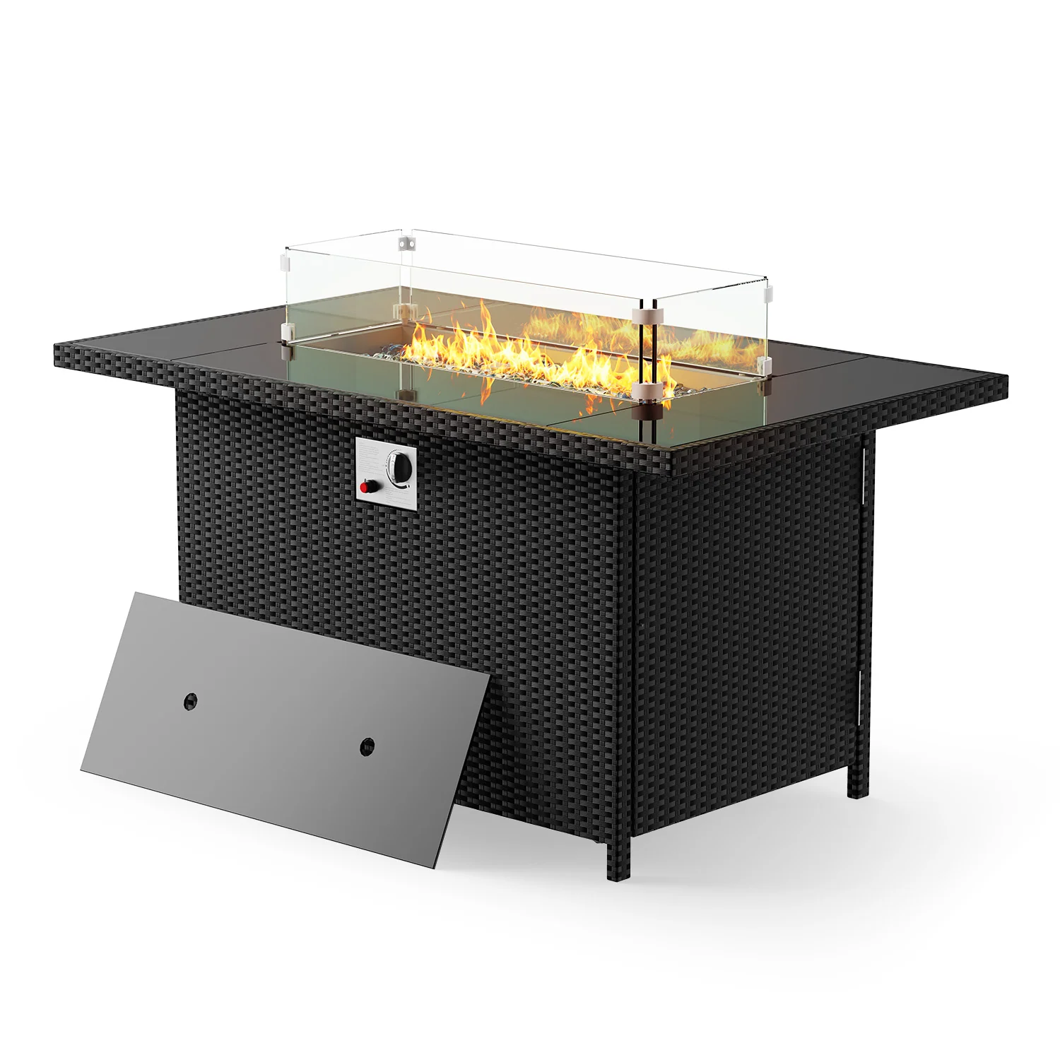 RattanTree rectangular rattan fire pit table with glass wind guard
