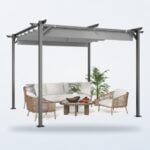 RattanTree retractable pergola shading an outdoor seating arrangement