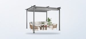 RattanTree retractable pergola shading an outdoor seating arrangement