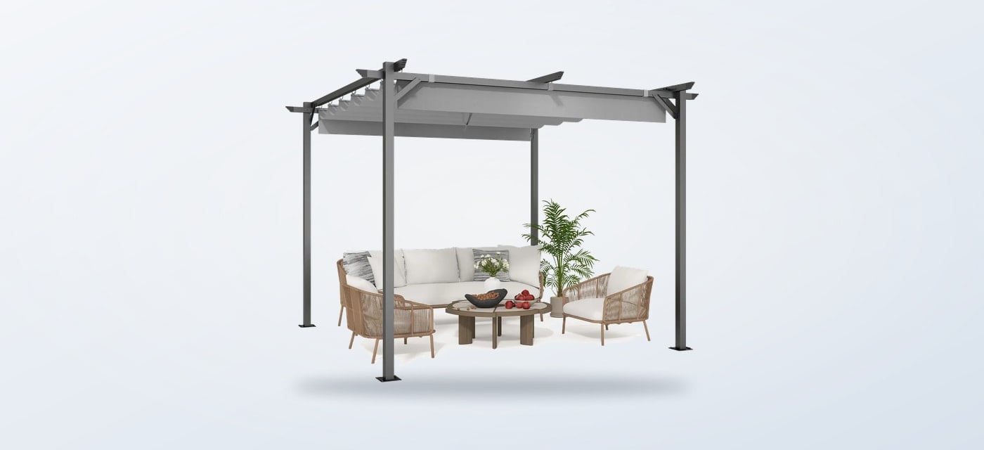 RattanTree retractable pergola shading an outdoor seating arrangement