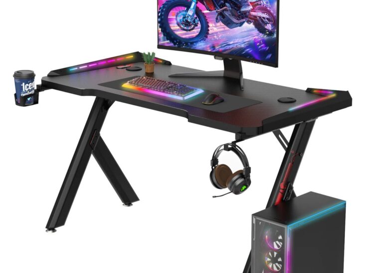 Gaming workstation desk with coloured LED lighting and cup holder