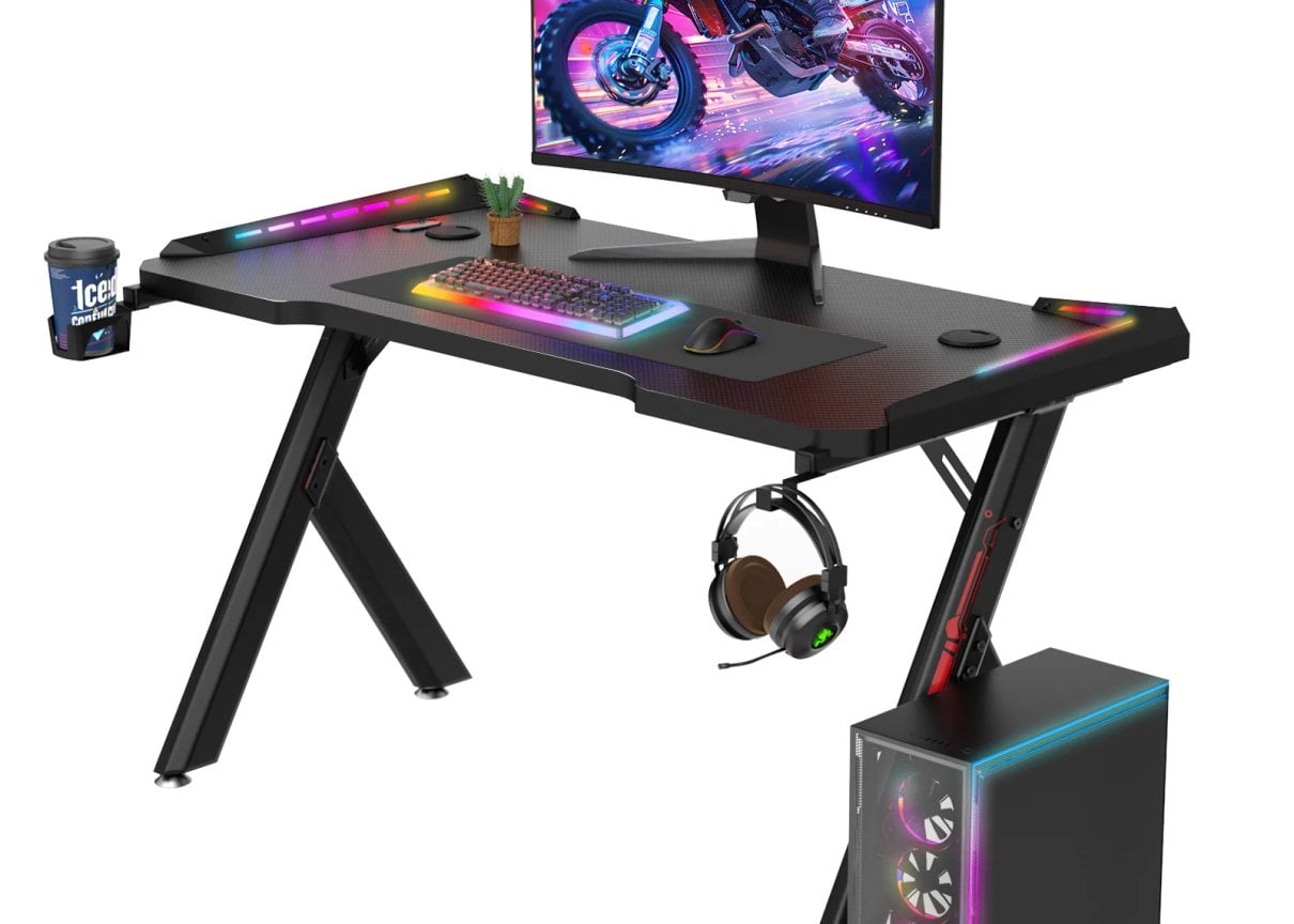 Gaming workstation desk with coloured LED lighting and cup holder