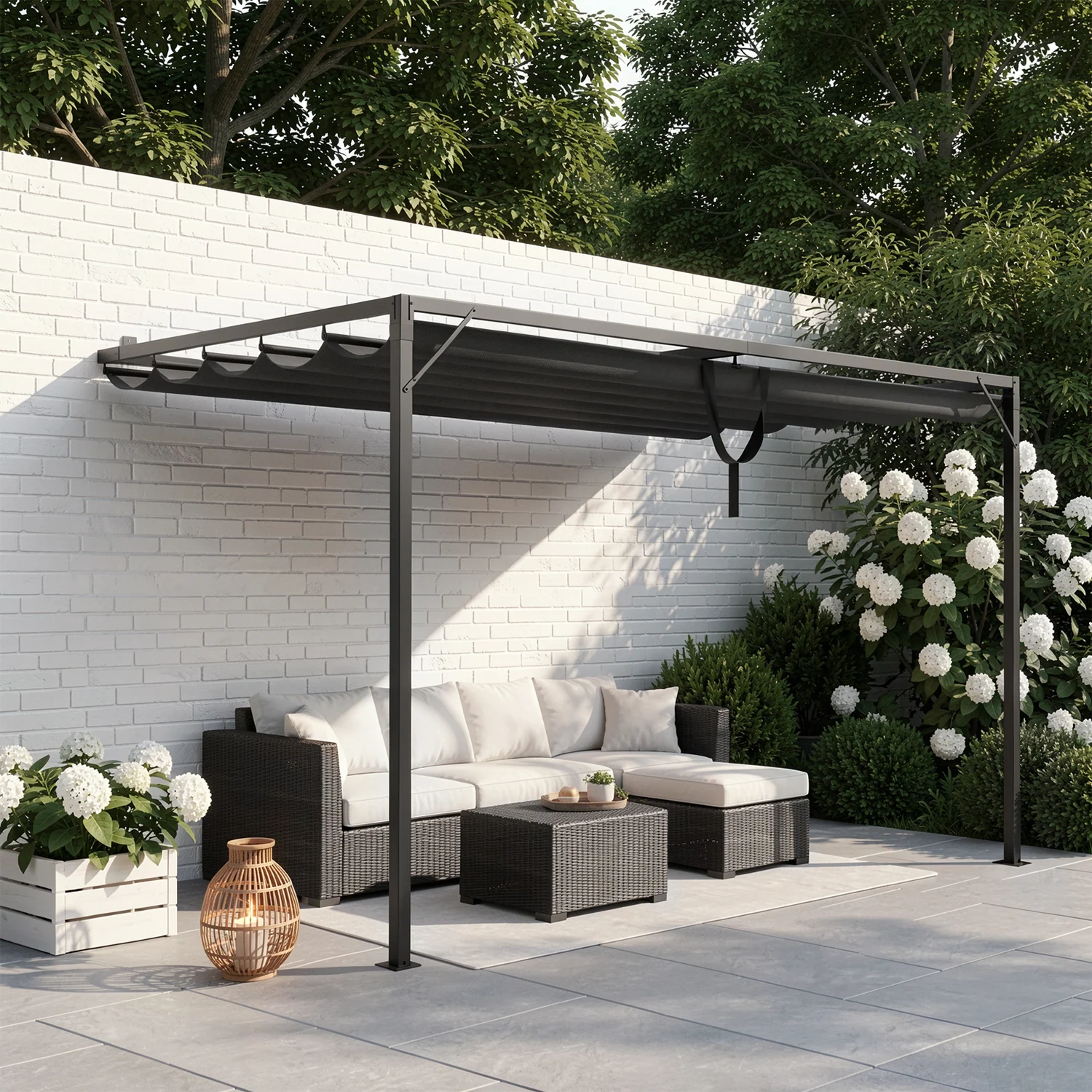 Metal lean-to pergola with retractable roof canopy